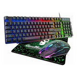 Kit De Teclado Y Mouse Free Wolf T13 - Con Cable - Luz Retroiluminación - 2400dpi - Mousepad - Español Latinoamérica - Para Pc Windows 7, 8, 10 O Mac Os - Color Negro