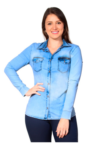 Camisa Jeans Feminina Social Blusa Lycra Jacquard Slim Fit