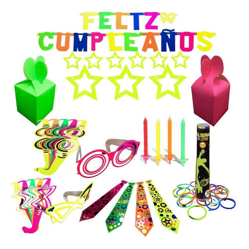 Pack Fiesta Cumpleaños Fluor Cotillon Guirnalda Neon