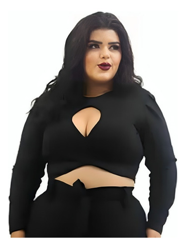 Cropped Manga Longa Plus Size Malha Canelada 