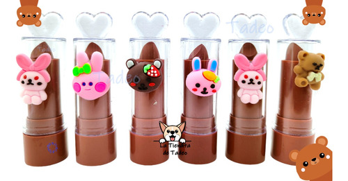 6 Labiales Kawaii Chocolate 6 Tonos Diferente + Cosmetiquera