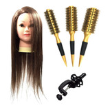 Kit Cabeça De Boneca Mista + 3 Escovas Térmicas Profissional Cor Dourado