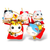 Mini Maneki Neko Juego 5 Gatos Blancos Suerte Fortuna Japon