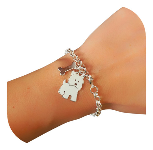 Pulsera Acero Blanco Eslabón Rolo Con Dije Perrito Y Hueso