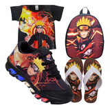 Kit Tenis Led Masculino Naruto + Mochila + Camisa + Chinelo