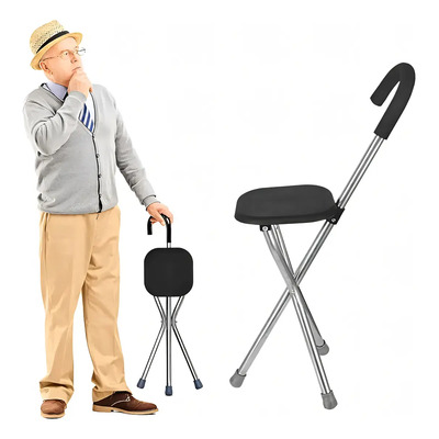 Bastón Silla Asiento Plegable Ajustable Portátil Para Adultos Mayores Ancianos Caminata Descanso Reforzado Ligero Antideslizante Aluminio Ergonómico Resistente Cómodo Seguro Color Negro