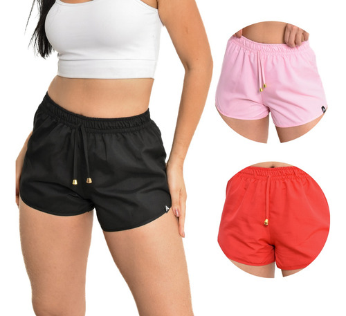 Kit 3 Short Feminino Tactel Academia Treino Praia Piscina