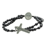  Pulseira Pulseira Medalha De São Bento Religiosa Masculina Feminina Canção Nova De Madeira Banhado A Prata Cor Preto Tamanho Médio Para Adultos