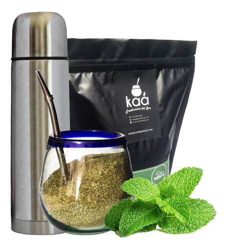 Kit Yerba Mate Menta + Termo, Bombilla, Mate Vidrio Combo