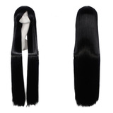 Peluca 150 Cm Negro Negra Cabello Liso Con Flequillo