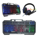 Kit Teclado Iluminado Gamer Semi Mecânico Led   Fone Headset