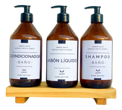 Set Baño Dispenser Vidrio Shampoo + Acond. + Jabón Liquido