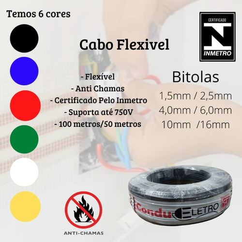 Rolo 100m Metros Cabo Flexível 2,5mm Fio Elétrico Anti Chama