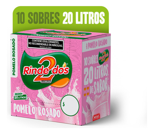 Jugo En Polvo Rindedos Pomelo Rosado 13g X 10u 2 Lt