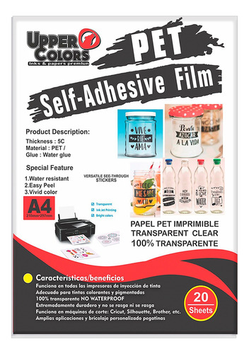 Papel  Adhesivo 100%transparente Impresoras Inyección A4x20h