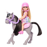 Boneca Barbie Chelsea 14 Cm Pônei Cinza Capacete Sela Htk29