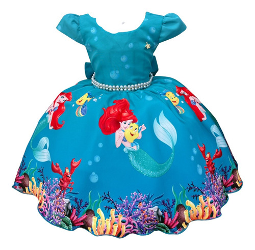 Vestido Infantil Ariel Linguado Fundo Mar Pérolas