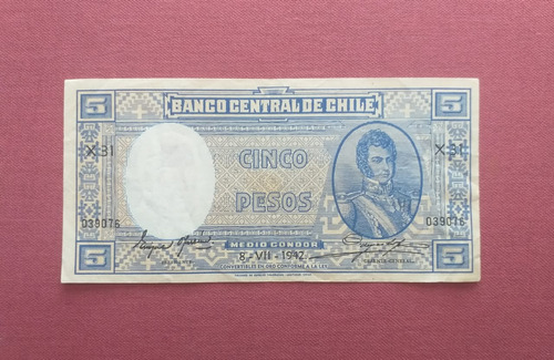 Antiguo Billete Cinco Pesos Medio Condor Año 1942