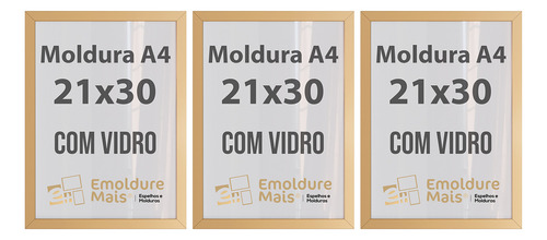Kit 3 Molduras C/ Vidro A4 30x21cm Certificado Diploma Foto