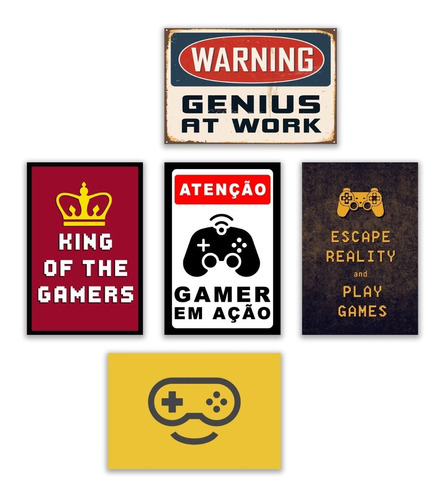  Kit 5 Placas Decorativas Quadros 30x20 Gamer Nerd Geek Jogo