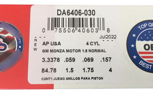 Anillos Ap Usa Chevrolet Monza 1.8 Normal A 030 (0.75 Mm) Foto 6