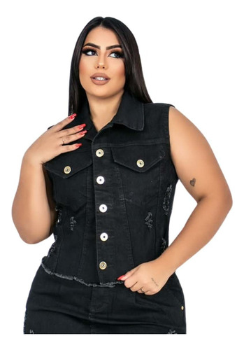 Colete Jeans Plus Size Feminino Comprido Sem Lycra G/gg