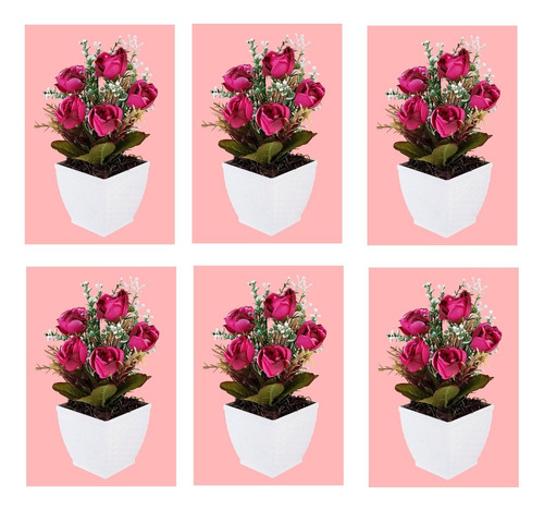 6 Arranjo Vaso Buque Flores Rosa Planta Artificial Enfeite