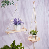 Infunly 2pcs Macrame Plant Hangers Indoor Wood Plant Shelf