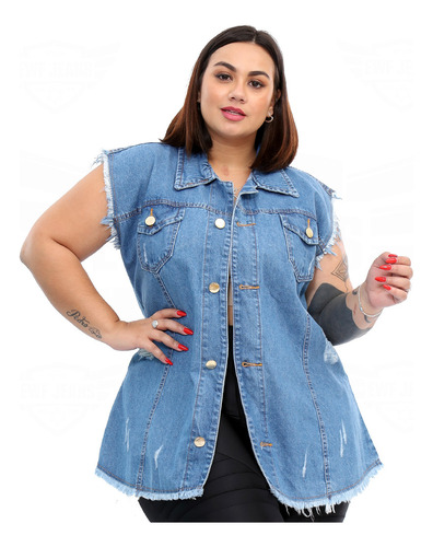 Max Colete Jeans Plus Size Feminino Barra Desfiada - Claro