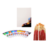 Set Pintura Acrílica X10 + Juego De Pinceles X12 + Lienzo X2