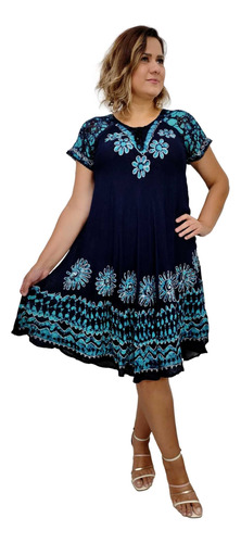 Vestido Trapézio Curto Manga Curta Batik E Bordado Plus Size