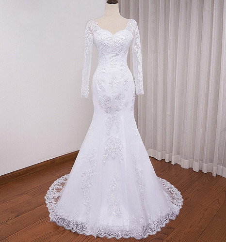 Vestido De Noiva Sereia Manga Longa Lindo Casamento '117a'