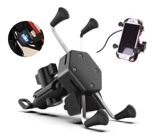 Soporte Celular Tipo Araña Moto Base Espejo + Cargador Usb 