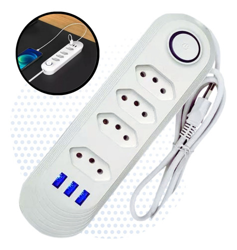 Régua Extensão 4 Tomadas 3 Usb Bivolt Fio 2 Metros Branco 