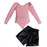 Conjunto Infantil Body Manga Longa Bufante + Shorts Couro 