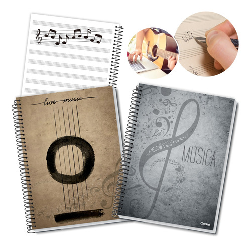 2 Cadernos Grande C/ Pautas Escolar Aula De Música 96 Folhas
