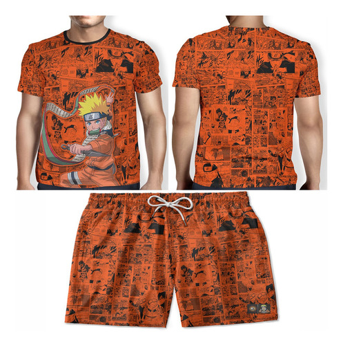 Kit Short + Camiseta Masculino Naruto Uzumaki Praia Verão