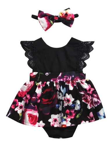 Hermoso Conjunto Vestido De Niña 03 Negro Floreado Elegante