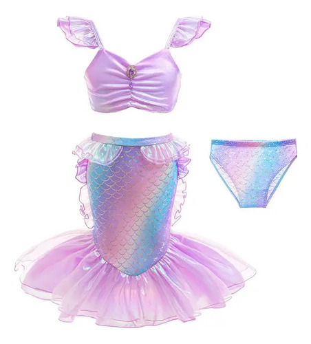Traje De Baño Bikini Niñas Hilo Morado Falda De Tul Princesa