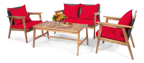 Juego De 4 Muebles P/ Patio Cojines Rojo Mimbre Tangkula