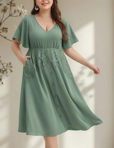 Vestido Con Bolsillo De Encaje Patchwork Para Gorditas