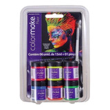 Kit Tinta Neon Com 6 + Pincel Fluorescente Brilha Luz Negra