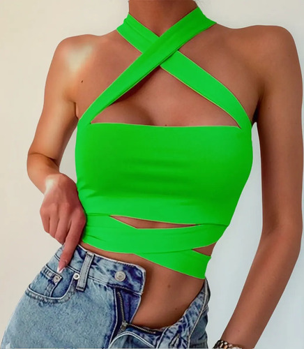 Crop Top Tiras Cruzadas Ajustado Sexy Moda Casual
