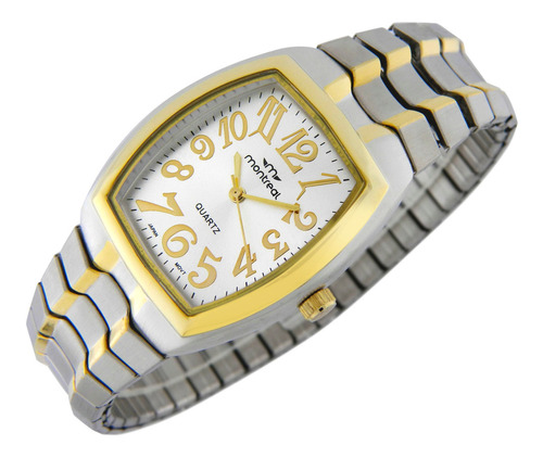 Reloj Montreal Hombre Ml809 Malla Elastizada De Acero Malla Plateado Con Dorado Bisel Plateado Con Dorado Fondo Blanco