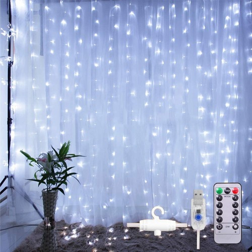 Cortina Luces Led Boda Fiesta Navidad Usb 3x3m Blanco Frío