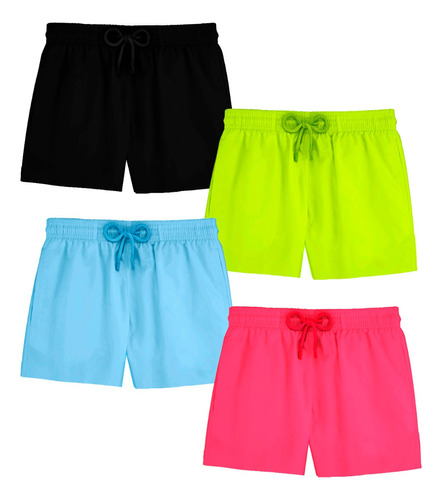 Kit 4 Peças Bermudas Shorts Neon Azul Amarelo Rosa Preto