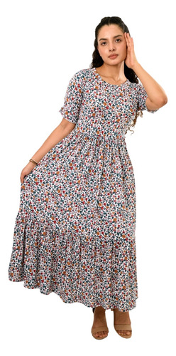 Maxivestido Noruega Estampado Flor Largo Olanes Manga Corta