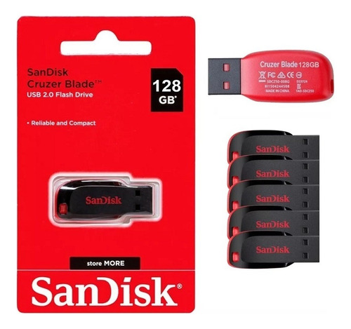 5 Pen Drive Sandisk Usb 128gb Cruzer Lâmina 2.0 Flash Drive 