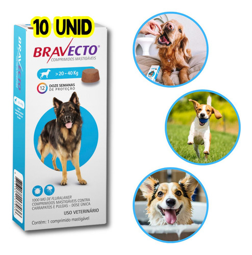 Bravecto Antipulgas Carrapatos Combo 10un Cães De 20a40kg