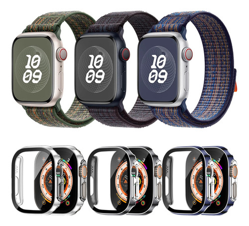 3 Correas Nylon Loop + 3 Fundas Para Apple Watch Ultra 49mm